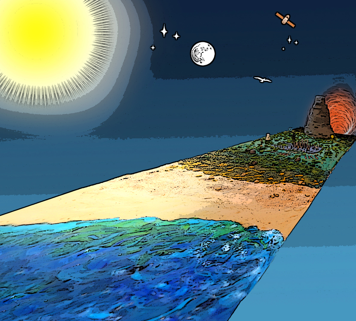 A digital rendition of the diorama titled Landscape of Being, showing the sea, the land, space and the beyond